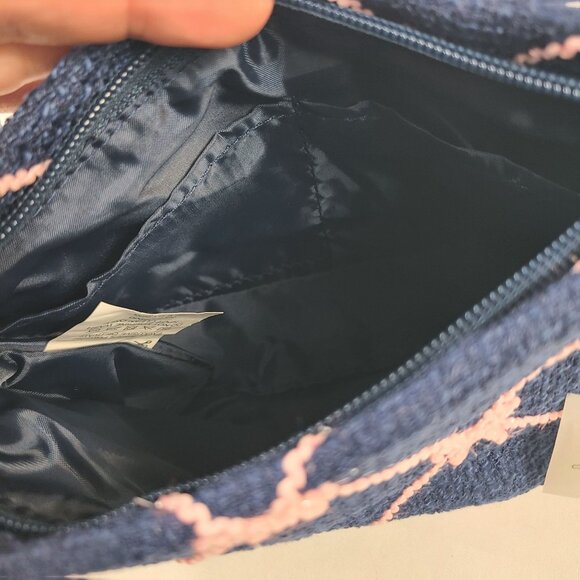 NWT Shiraleah Navy Tinsel Bow Zip Pouch With Pink Embroidered Design Fully Lined - Picture 6 of 6